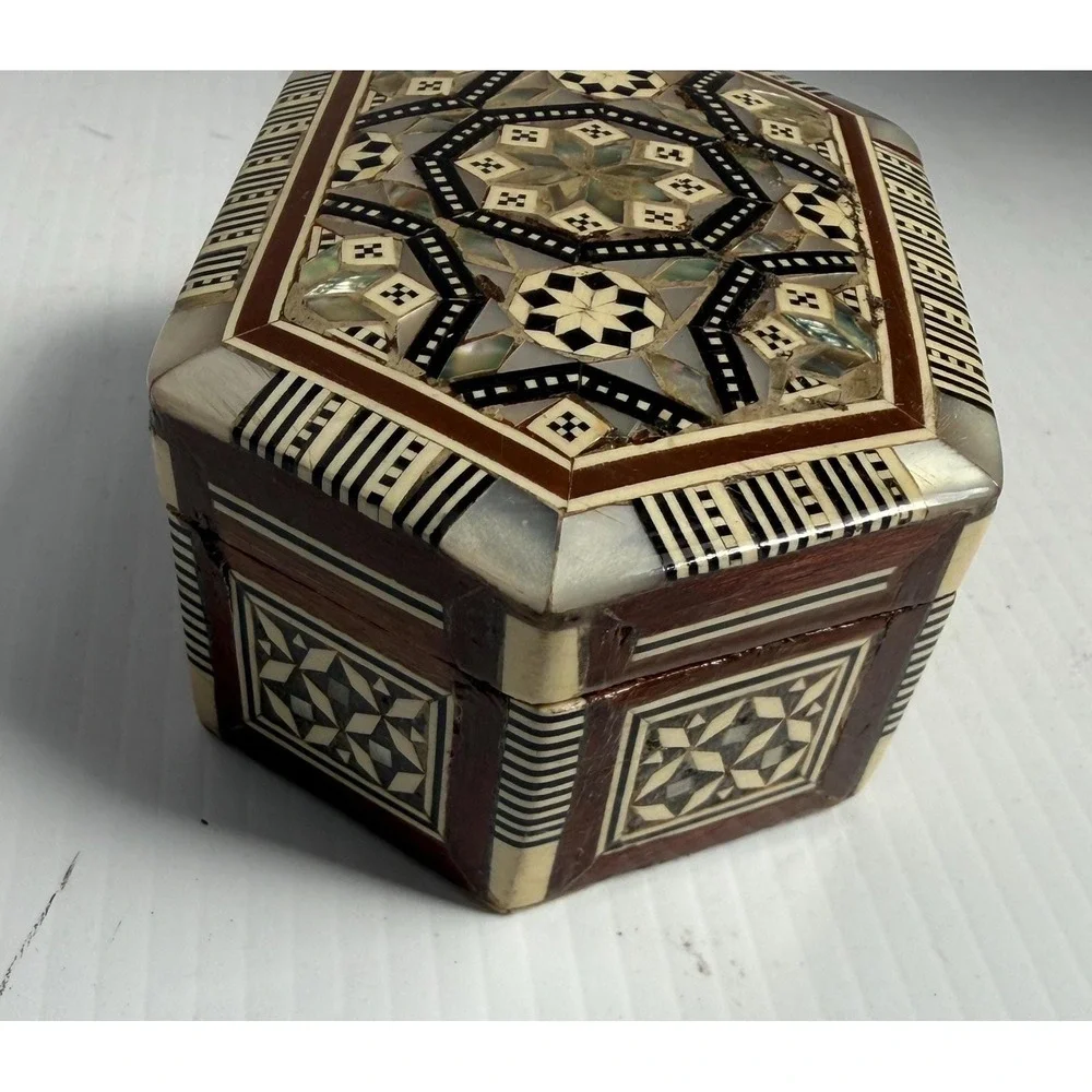Vintage Egyptian Handmade Wood Jewelry Box Hexagon Mother of Pearl Inlay Mosaic